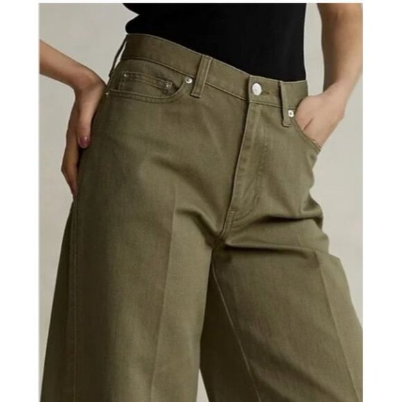 Wide-Leg Olive Green High-Rise Cotton Blend Jeans For Women Casual Relaxed Fit - Picture 5 of 16